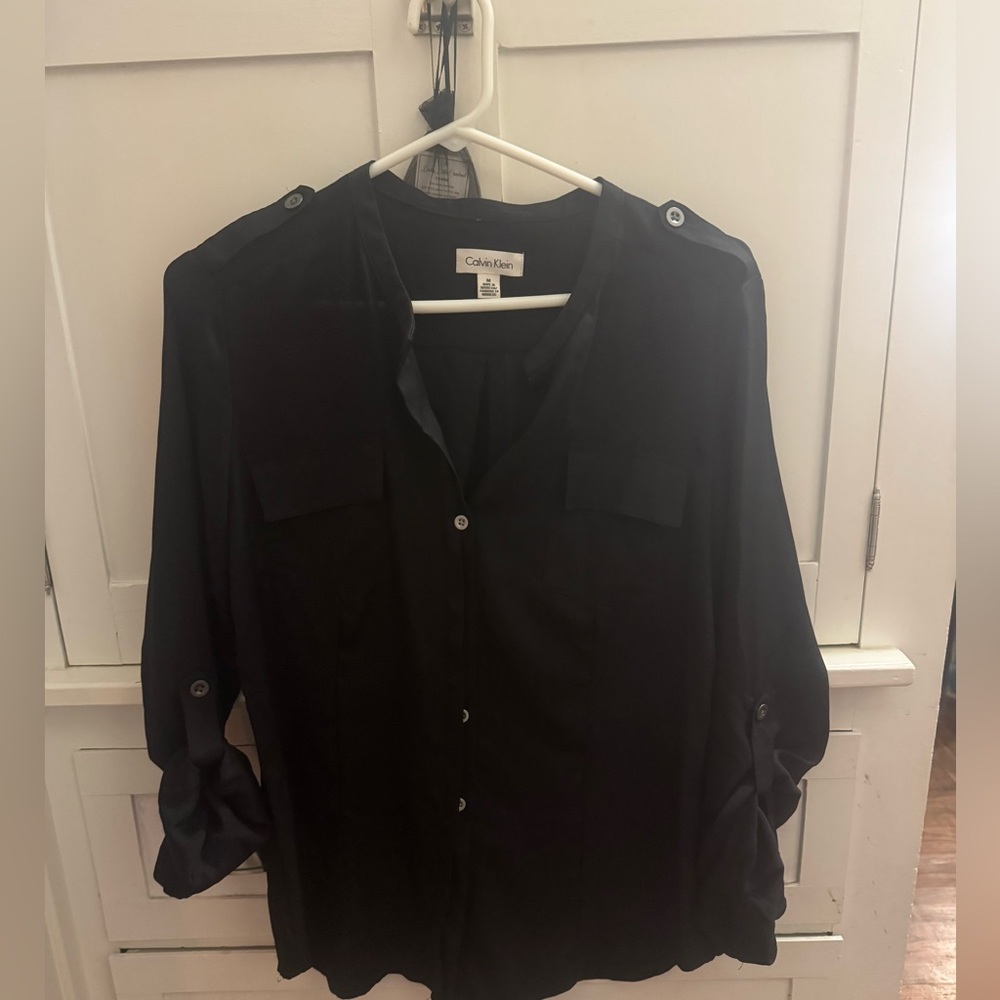 Calvin Klein Collection Black 3/4 Sleeve Mandarin Collar Blouse